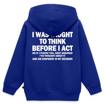 Mir wurde beigebracht zu denken, bevor ich handle - Kinder Premium Organic Zip Hoodie - Royalblau - Hinten - AI Model Kid Male (0cm)