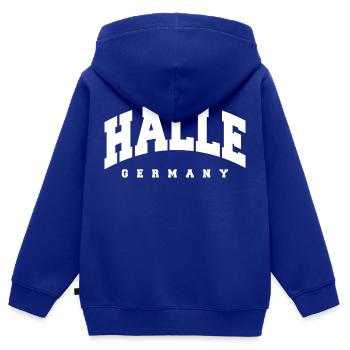 Halle - Kinder Premium Organic Zip Hoodie - Royalblau - Hinten - AI Model Kid Male (0cm)