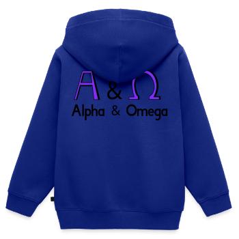 Alpha et Oméga - Sweat Premium à capuche zippé enfant bio - bleu roi - Dos - AI Model Kid Male (0cm)