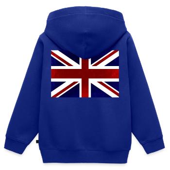 Drapeau britannique, Royaume-Uni, rouge, blanc et bleu - Sweat Premium à capuche zippé enfant bio - bleu roi - Dos - AI Model Kid Male (0cm)