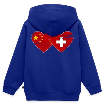 Chine Suisse Drapeau Coeur Utilisé - Sweat Premium à capuche zippé enfant bio - bleu roi - Dos - AI Model Kid Male (0cm)