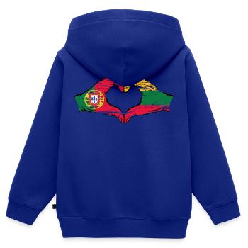 Portugal Lituanie drapeau mains forme coeur utilisé - Sweat Premium à capuche zippé enfant bio - bleu roi - Dos - AI Model Kid Male (0cm)