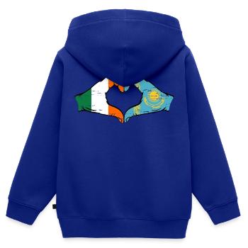 Irlande Kazakhstan Drapeau Mains Coeur Forme Utilisé - Sweat Premium à capuche zippé enfant bio - bleu roi - Dos - AI Model Kid Male (0cm)
