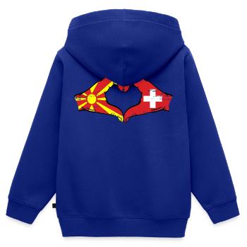 Macédoine Suisse Drapeau Mains Coeur Forme Utilisé - Sweat Premium à capuche zippé enfant bio - bleu roi - Dos - AI Model Kid Male (0cm)