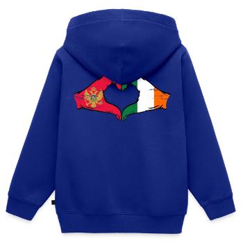 Monténégro Irlande Drapeau Mains Coeur Utilisé - Sweat Premium à capuche zippé enfant bio - bleu roi - Dos - AI Model Kid Male (0cm)