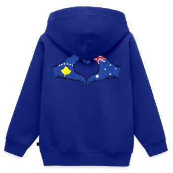 Kosovo Australie drapeau mains forme de coeur utilisé - Sweat Premium à capuche zippé enfant bio - bleu roi - Dos - AI Model Kid Male (0cm)