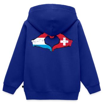Luxembourg Suisse Drapeau Mains Coeur Forme Utilisé - Sweat Premium à capuche zippé enfant bio - bleu roi - Dos - AI Model Kid Male (0cm)