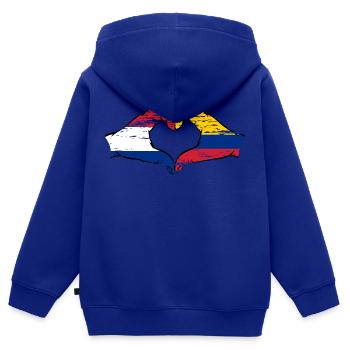 Hollande Colombie Drapeau Mains Coeur Forme Utilisé - Sweat Premium à capuche zippé enfant bio - bleu roi - Dos - AI Model Kid Male (0cm)