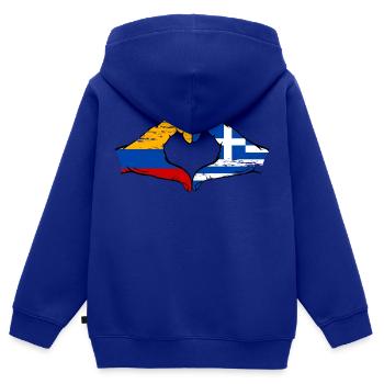 Colombie Grèce Drapeau Mains Coeur Forme Utilisé - Sweat Premium à capuche zippé enfant bio - bleu roi - Dos - AI Model Kid Male (0cm)