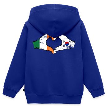 Irlande Corée du Sud Drapeau Mains Coeur Forme Utilisé - Sweat Premium à capuche zippé enfant bio - bleu roi - Dos - AI Model Kid Male (0cm)