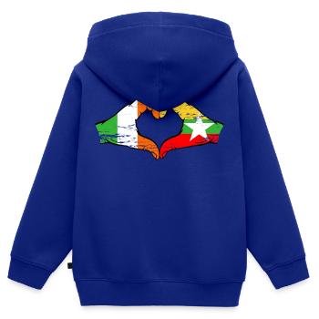 Irlande Myanmar drapeau mains forme de coeur utilisé - Sweat Premium à capuche zippé enfant bio - bleu roi - Dos - AI Model Kid Male (0cm)