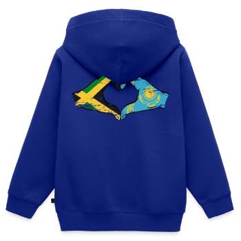 Jamaïque Kazakhstan Mains Forme de Coeur Utilisé - Sweat Premium à capuche zippé enfant bio - bleu roi - Dos - AI Model Kid Male (0cm)
