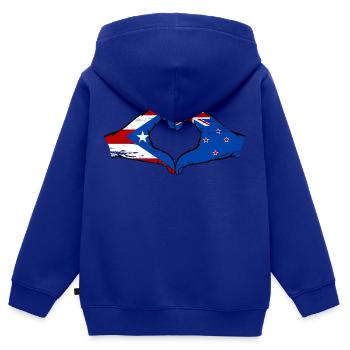 Porto Rico Nouvelle-Zélande drapeau mains forme de coeur utilisé - Sweat Premium à capuche zippé enfant bio - bleu roi - Dos - AI Model Kid Male (0cm)