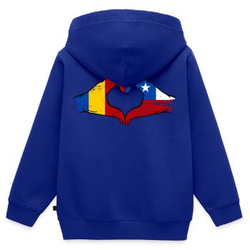 Romania Chile Flag Hands Heart Shape Used - Kids Premium Organic Zip-up Hoodie - royal blue - Back - AI Model Kid Male (0cm)