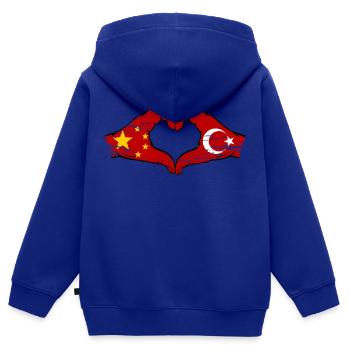 Chine Turquie drapeau mains forme coeur utilisé - Sweat Premium à capuche zippé enfant bio - bleu roi - Dos - AI Model Kid Male (0cm)