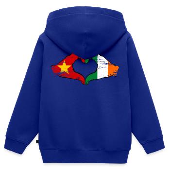 Vietnam Irlande Drapeau Mains Coeur Forme Utilisé - Sweat Premium à capuche zippé enfant bio - bleu roi - Dos - AI Model Kid Male (0cm)