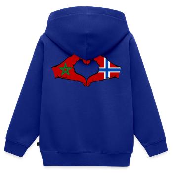 Maroc Norvège Drapeau Mains Coeur Forme - Sweat Premium à capuche zippé enfant bio - bleu roi - Dos - AI Model Kid Male (0cm)