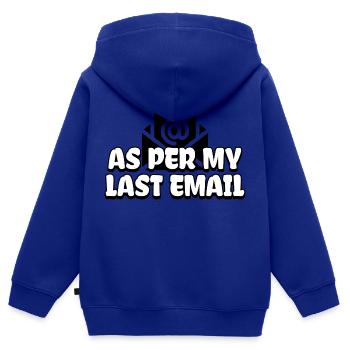 Laut meiner letzten E-Mail - Kinder Premium Organic Zip Hoodie - Royalblau - Hinten - AI Model Kid Male (0cm)