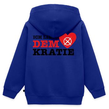 J’aime la démocratie - Sweat Premium à capuche zippé enfant bio - bleu roi - Dos - AI Model Kid Male (0cm)