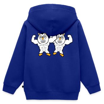 2 hiboux bodybuilders muscles biceps poses gym rat - Sweat Premium à capuche zippé enfant bio - bleu roi - Dos - AI Model Kid Male (0cm)