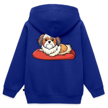 Shih Tzu satisfait se prélassant sur un oreiller en peluche - Sweat Premium à capuche zippé enfant bio - bleu roi - Dos - AI Model Kid Male (0cm)