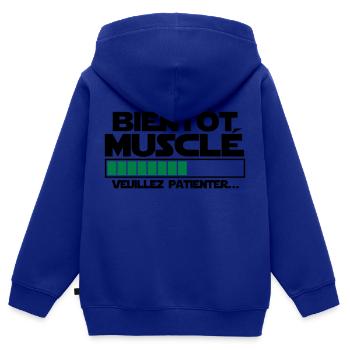 bientôt musclé - Sweat Premium à capuche zippé enfant bio - bleu roi - Dos - AI Model Kid Male (0cm)