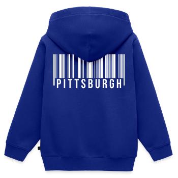 Code-barres Pittsburgh - Sweat Premium à capuche zippé enfant bio - bleu roi - Dos - AI Model Kid Male (0cm)