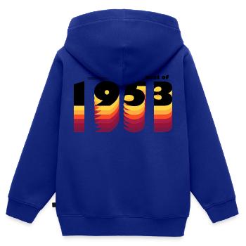 Vintage Bold Hommage à 1953 - Célébrer le 72ème - Sweat Premium à capuche zippé enfant bio - bleu roi - Dos - AI Model Kid Male (0cm)