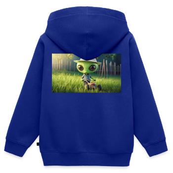 niedliches kleines grünes Retro Alien Rasen mähen - Kinder Premium Organic Zip Hoodie - Royalblau - Hinten - AI Model Kid Male (0cm)