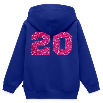 Numéro 20 paillettes rose - 20e anniversaire - Sweat Premium à capuche zippé enfant bio - bleu roi - Dos - AI Model Kid Male (0cm)