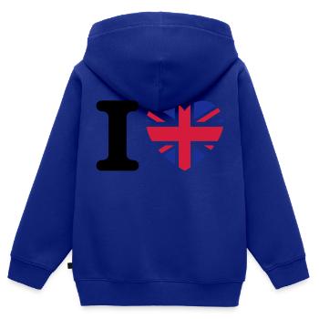 I love UK - Sweat Premium à capuche zippé enfant bio - bleu roi - Dos - AI Model Kid Male (0cm)