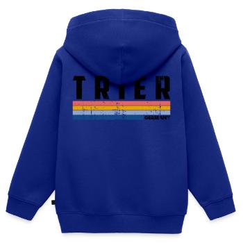 Retro Vintage 70s 80s Style Trier, Germany - Sweat Premium à capuche zippé enfant bio - bleu roi - Dos - AI Model Kid Male (0cm)