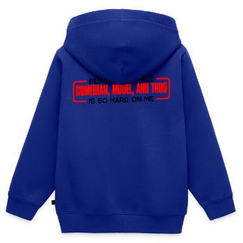 Être le comédien de la famille, mannequin, est si difficile 4 - Sweat Premium à capuche zippé enfant bio - bleu roi - Dos - AI Model Kid Male (0cm)