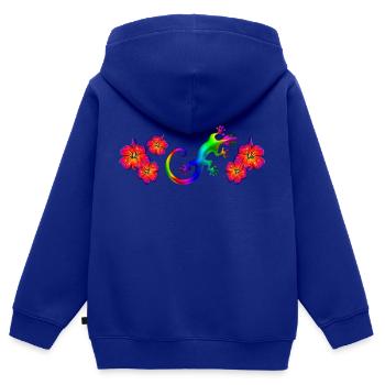 Gecko, Hibiskusblüte, Hibiskus Blüte Glücksbringer - Kinder Premium Organic Zip Hoodie - Royalblau - Hinten - AI Model Kid Male (0cm)