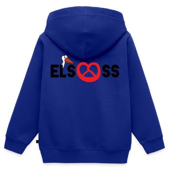 Alsace : cigogne & bretzel - Sweat Premium à capuche zippé enfant bio - bleu roi - Dos - AI Model Kid Male (0cm)
