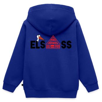 Alsace : cigogne & maison - Sweat Premium à capuche zippé enfant bio - bleu roi - Dos - AI Model Kid Male (0cm)
