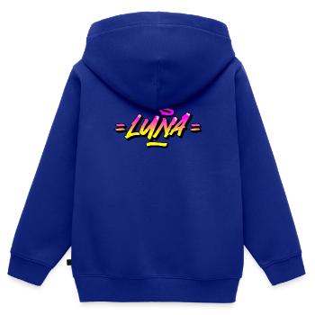 Graffiti Prénom Luna - Sweat Premium à capuche zippé enfant bio - bleu roi - Dos - AI Model Kid Male (0cm)