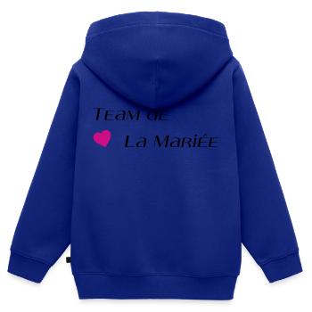 Team de la mariée - Sweat Premium à capuche zippé enfant bio - bleu roi - Dos - AI Model Kid Male (0cm)