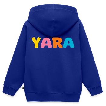 Name - Yara - Kinder Premium Organic Zip Hoodie - Royalblau - Hinten - AI Model Kid Male (0cm)