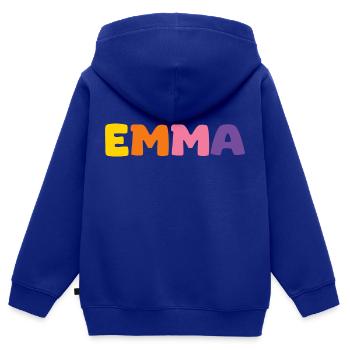 Nom - Emma - Sweat Premium à capuche zippé enfant bio - bleu roi - Dos - AI Model Kid Male (0cm)