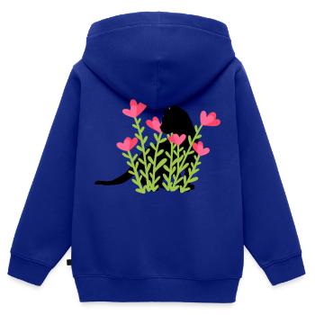 Frühlingsdesign - schwarze Katze im Blumenbeet - Kinder Premium Organic Zip Hoodie - Royalblau - Hinten - AI Model Kid Male (0cm)