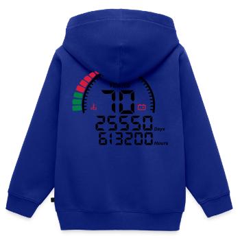 compteur anniversaire years ans 70 - Sweat Premium à capuche zippé enfant bio - bleu roi - Dos - AI Model Kid Male (0cm)