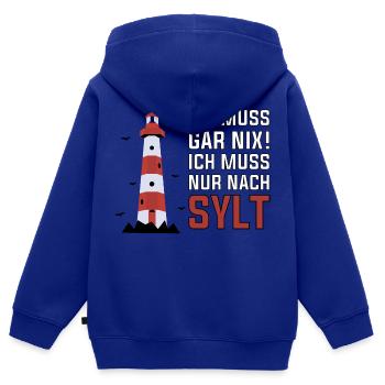 Je n’ai rien à faire, je dois juste aller au phare de Sylt - Sweat Premium à capuche zippé enfant bio - bleu roi - Dos - AI Model Kid Male (0cm)
