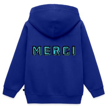 MAÎTRESSE. MAITRE. MERCI. MERCI MAÎTRESSE. MAITRE - Sweat Premium à capuche zippé enfant bio - bleu roi - Dos - AI Model Kid Male (0cm)