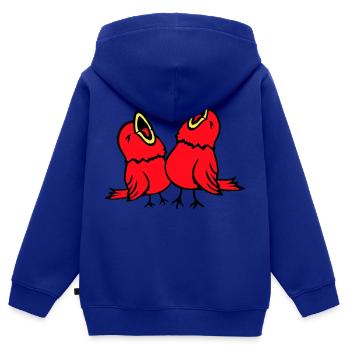2 perruches, oiseaux chanteurs, moineaux, équipe de gazouillis - Sweat Premium à capuche zippé enfant bio - bleu roi - Dos - AI Model Kid Male (0cm)