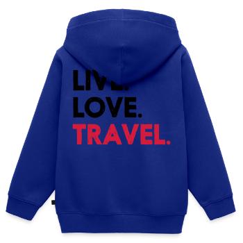 LIVE. LOVE. TRAVEL. - Sweat Premium à capuche zippé enfant bio - bleu roi - Dos - AI Model Kid Male (0cm)