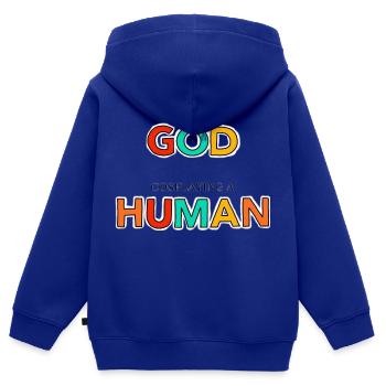 Un morceau de dieu - Sweat Premium à capuche zippé enfant bio - bleu roi - Dos - AI Model Kid Male (0cm)