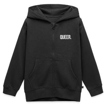 QUEER. - Simple et significatif - Sweat Premium à capuche zippé enfant bio - noir - Devant - AI Model Kid Male (0cm)