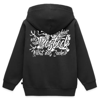 Ich bin aus Rostock nicht aus Zucker - Kinder Premium Organic Zip Hoodie - Schwarz - Hinten - AI Model Kid Male (0cm)