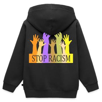 Stop au racisme - Sweat Premium à capuche zippé enfant bio - noir - Dos - AI Model Kid Male (0cm)